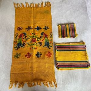 vintage bright yellow w parrots & butterflies handwoven table runner / tapestry